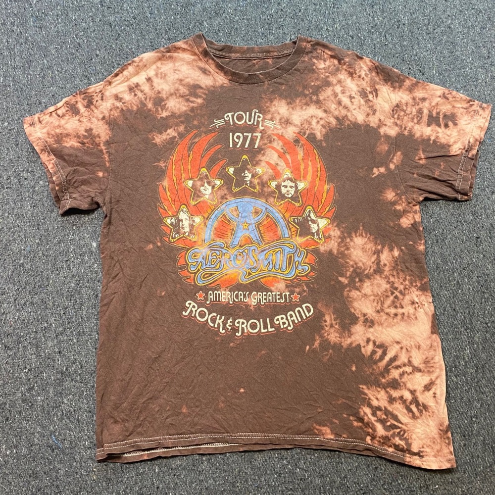 Aerosmith TShirt Sz L Mens Brown Grunge 1977 Tour Graphic Bleach Tie Dye Tee